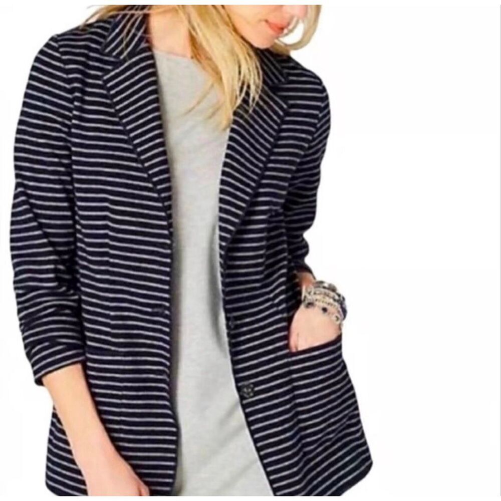 J. Jill striped blazer navy blue/ gray button-front jacket jersey knit size MP